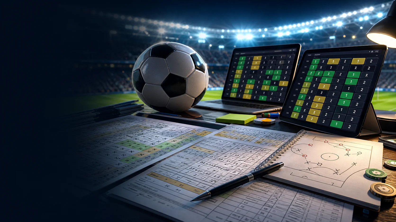 Football pools strategy desk with coupon sheets and 1 X 2 selections